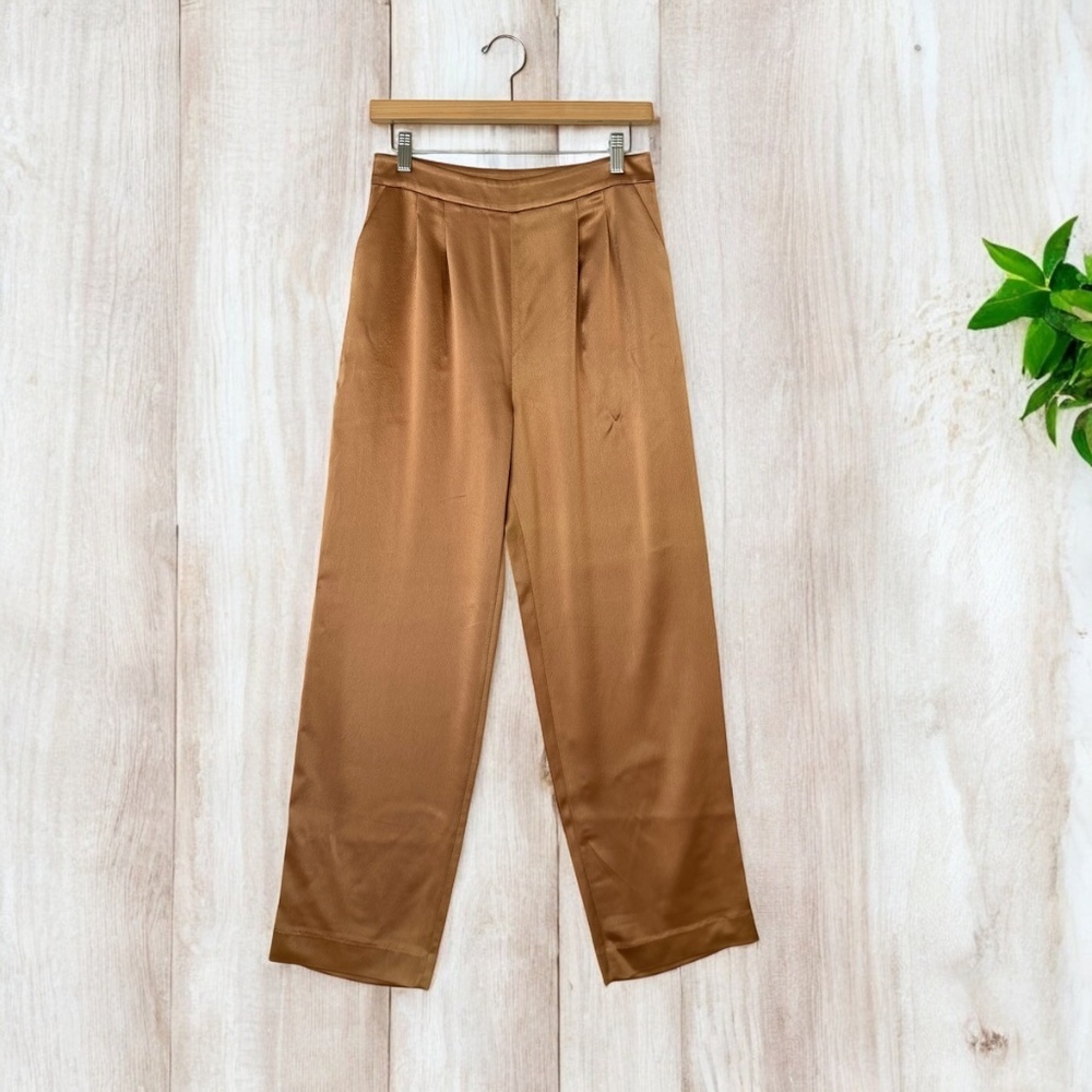 Cinq A Sept Wide Leg Women Dress Pants Trousers Satin Brown Sz 4 Pull On Luxury